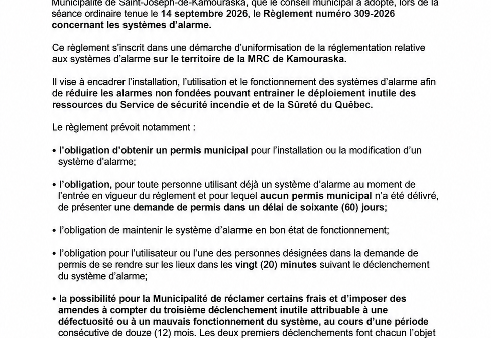 Avis Public Entrée en vigueur du règlement 309-2026 concernant les systèmes d&rsquo;alarme